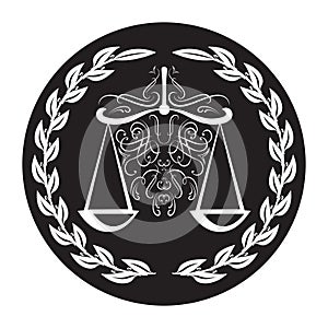 Lawyer sign of scale in laurel wreath on black background. Weigther for justice and arbitrate