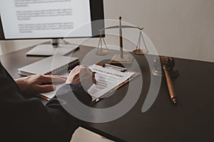 Lawyer sits in office with litigation contract documents, attorneys draft contracts and legal terms for clients for litigation,
