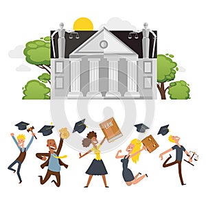 Lawyer student celebrate completion studies, people character, male and female flat vector illustration isolated on