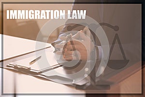 Lawyer at table in office, closeup. Immigration law