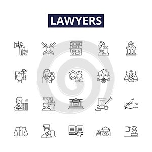 Lawyers line vector icons and signs. Solicitor, Attorneys, Advocate, Barrister, Counselor, Esquire, Litigator, Jurist