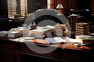 a lawyers office desk with a group of law books and paper stacks