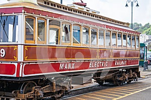 Laxey, Isle of Man, June 15, 2019. The Manx Electric Railway is an electric interurban tramway connecting Douglas, Laxey and