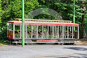 Laxey, Isle of Man, June 15, 2019. The Manx Electric Railway is an electric interurban tramway connecting Douglas, Laxey and photo