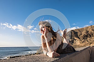 Lay down Beautiful long hair young woman in vacation