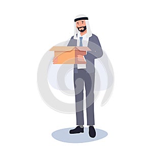 Lay Off and Job Loss Despair concept. Sad Arab Businessman Packing Box at last day of work