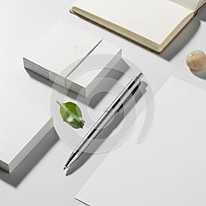 ::::::::::::::: lay of stationery items on a white surface. A stack of textured white