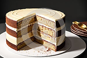 A layer cake with white frosting and chocolate decorations.