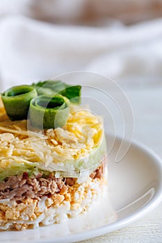 Layer canned tuna, fresh cucumber, boiled egg and cheese salad on white plate on a table. Selective focus. Side view