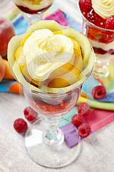 Layer fruit desserts on wooden tray