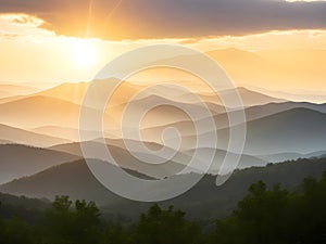 Layer of mountains and mist at sunset time, the distant mountains in the mist. misty autumn sunrise in mountains. scenery with