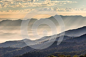 Layer of mountains and mist at sunset time, Landscape at Doi Luang Chiang Dao, High mountain in Chiang Mai Province, Thailand