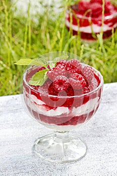 Layer raspberry dessert on garden party table