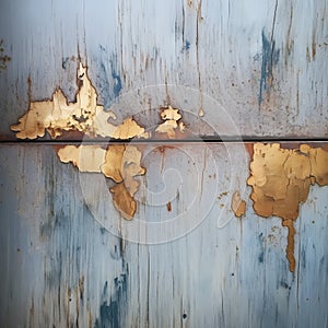 Layered Abstracts: Rusty Blue And Gold Door With Subtle Wood And Gold Accents