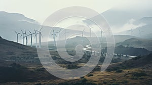 Layered And Atmospheric Landscapes: Wind Turbines In A Hazy Valley