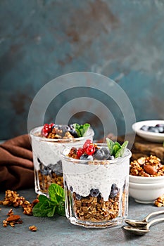 Layered blueberry and red currant parfait with chia yogurt, homemade oat granola and fresh berries for breakfast