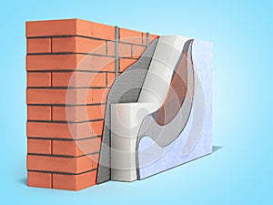 Layered brick wall thermal insulation concept 3d render on blue gradient background