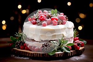 Layered cake decorated with berries, raspberries on top and fresh leaves, pine cones decoration on bokeh background Generative AI