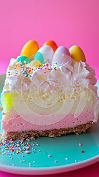 Layered cheesecake with vibrant Easter-colored jelly and whipped cream