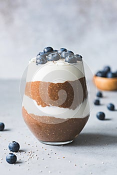 Layered chia pudding or healthy breakfast parfait with chocolate and yogurt