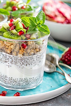 Layered chia pudding parfait with kiwi fruit, pomegranate, granola and yogurt