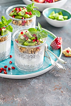 Layered chia pudding parfait with kiwi fruit, pomegranate, granola and yogurt