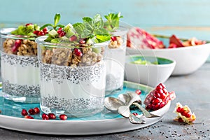 Layered chia pudding parfait with kiwi fruit, pomegranate, granola and yogurt