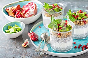 Layered chia pudding parfait with kiwi fruit, pomegranate, granola and yogurt