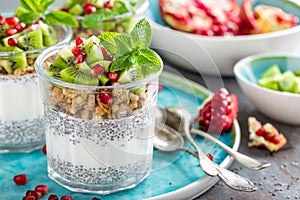 Layered chia pudding parfait with kiwi fruit, pomegranate, granola and yogurt