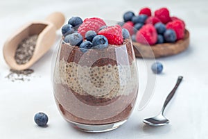 Layered chocolate and peanut butter chia seed pudding in glass, garnished with raspberry and blueberry, horizontal