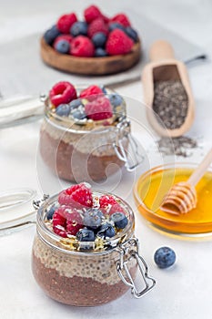 Layered chocolate and peanut butter chia seed pudding in  jar, garnished with raspberry, blueberry, honey and coconut flakes,