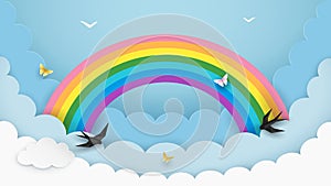 Layered cloudscape background with rainbow, flying birds and butterflies. Fluffy clouds in the sky. Kids room, baby nursery.
