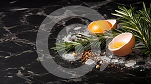 Layered And Complex: Freshly Cut Eggs With Rosemary And Spices On Dark Stone