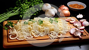 Layered Complexity: Rubber Board With Garlic, Onions, And Parsley photo