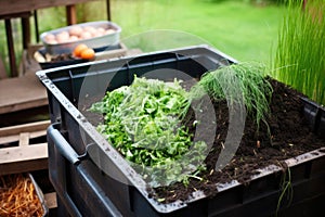 layered compost bin with grass clippings and kitchen waste