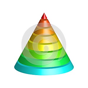 Layered cone. 3D conical pyramid of 8 multicolored rainbow spectrum layers. Vector illustration