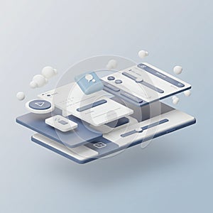 A layered 3D illustration of app interface elements in a minimalist design. Features