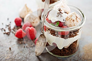 Layered dessert with chocolate cake and whipped cream