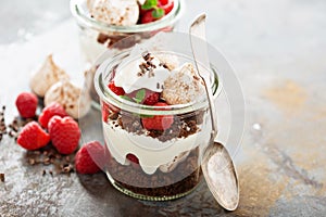 Layered dessert with chocolate cake and whipped cream