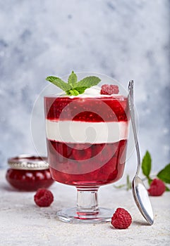 Layered dessert in glass with raspberries, jelly, yogurt and jam