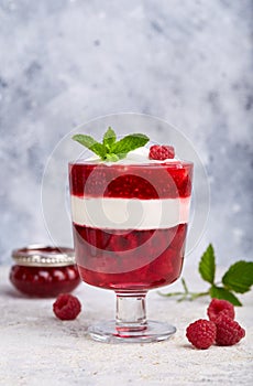 Layered dessert in glass with raspberries, jelly, yogurt and jam