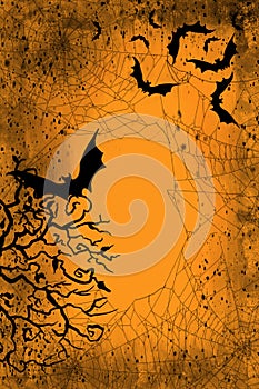 Halloween and fall scene of spooky spider webs and flying bats, with seasonal autum color in gold and orange.