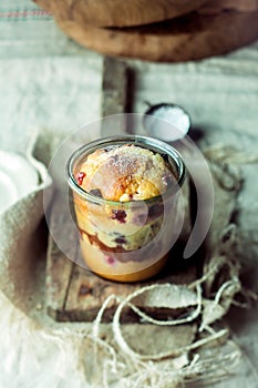 Layered fruity cake in a glass