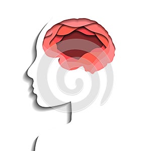 Layered human profile and brain cut out of paper on white background. Paper cut origami. Meditation and education. Vector
