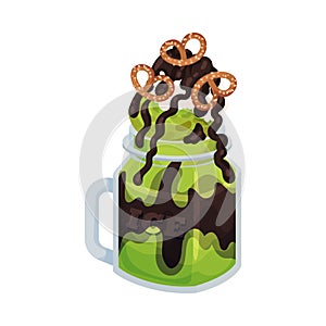 Layered Ice Cream Poured in Glass Jar with Chocolate Topping Vector Illustration