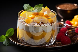 Layered mango, yogurt, and chia seeds parfait garnished with fresh mint on a dark background