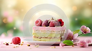 Layered matcha biscuit cake with pistachio and raspberry souffle on colored blurred background. Healthy sweet food concept. Matcha