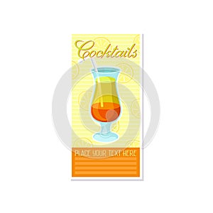 Layered orange and yellow alcoholic cocktail with straw banner, summer drink, cocktail party celebration flyer