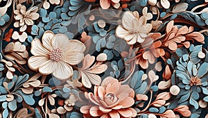 layered pattern texture with pink and cream flowers, blue leaves and stems