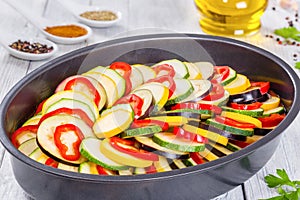 Layered ratatouille in a baking dish, close-up